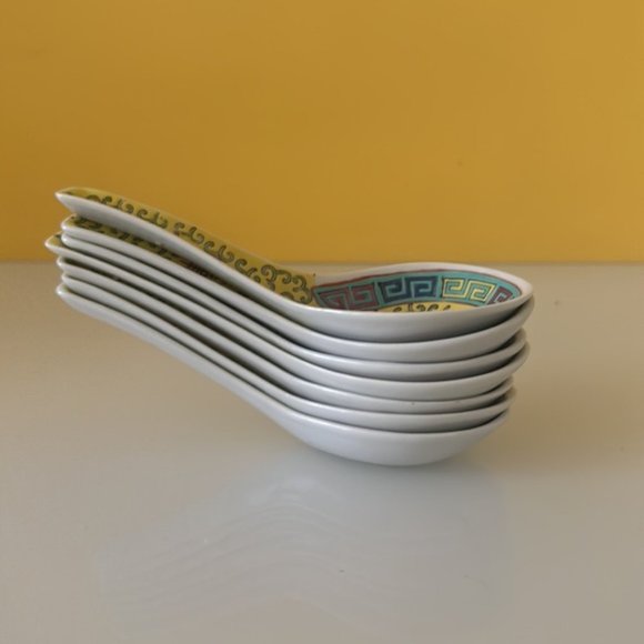 China Jingdezhen Wanshou Porcelain Soup Spoons Yellow Hand Painted Set of 7 - Picture 16 of 16